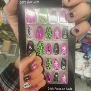 24 Pack Press On Nails Let's Boo-Gie Hot Pink Green Black Punk Is Not Dead